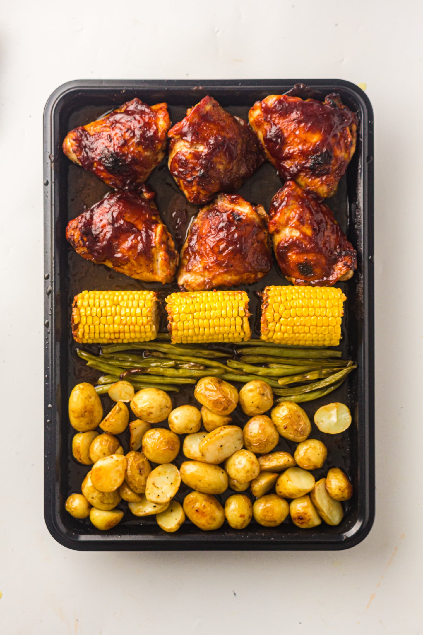 PLR Sheet Pan BBQ Chicken Thighs with Baby Potatoes, Green Beans and Corn