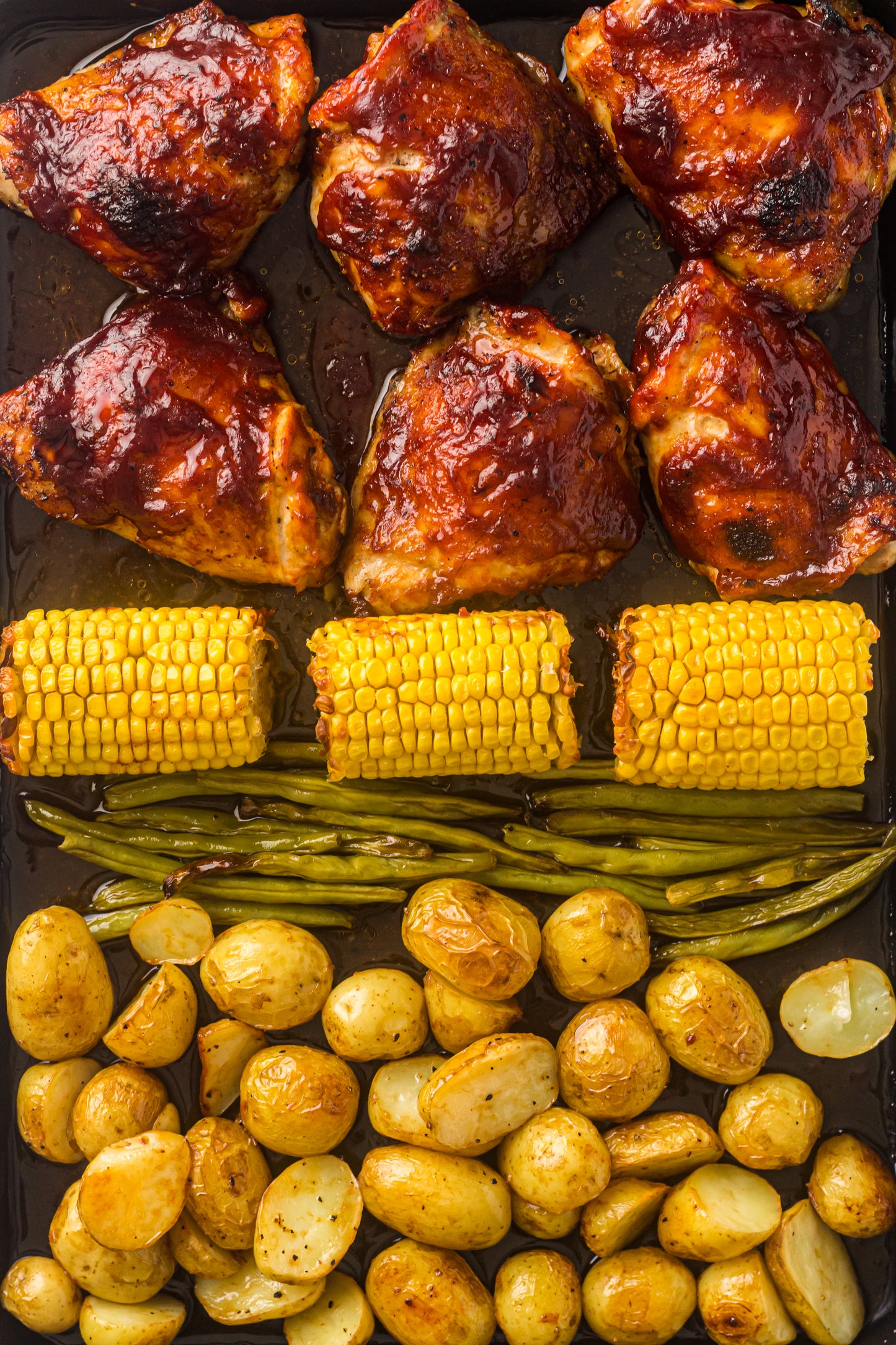 PLR Sheet Pan BBQ Chicken Thighs with Baby Potatoes, Green Beans and Corn