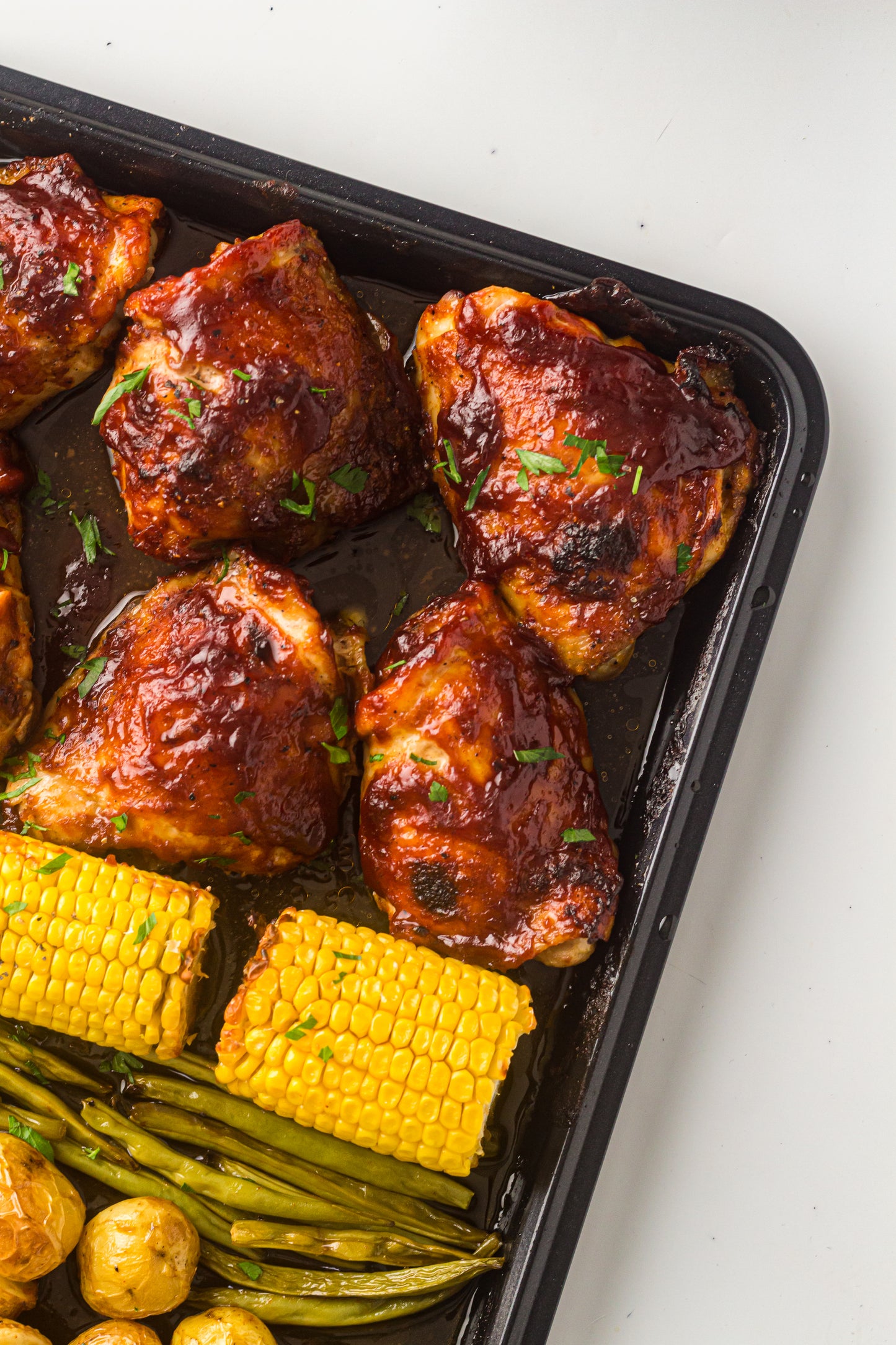 PLR Sheet Pan BBQ Chicken Thighs with Baby Potatoes, Green Beans and Corn