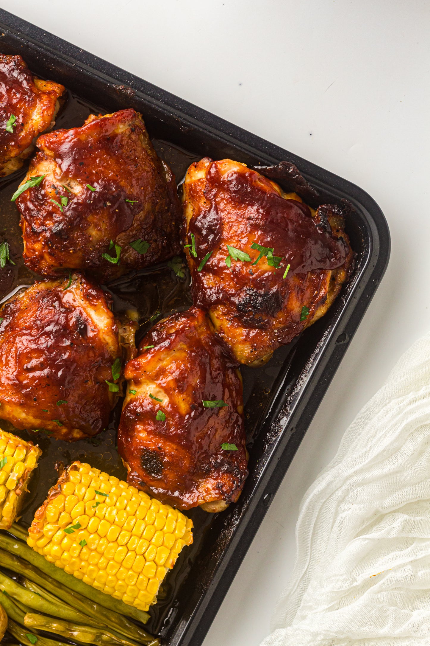 PLR Sheet Pan BBQ Chicken Thighs with Baby Potatoes, Green Beans and Corn