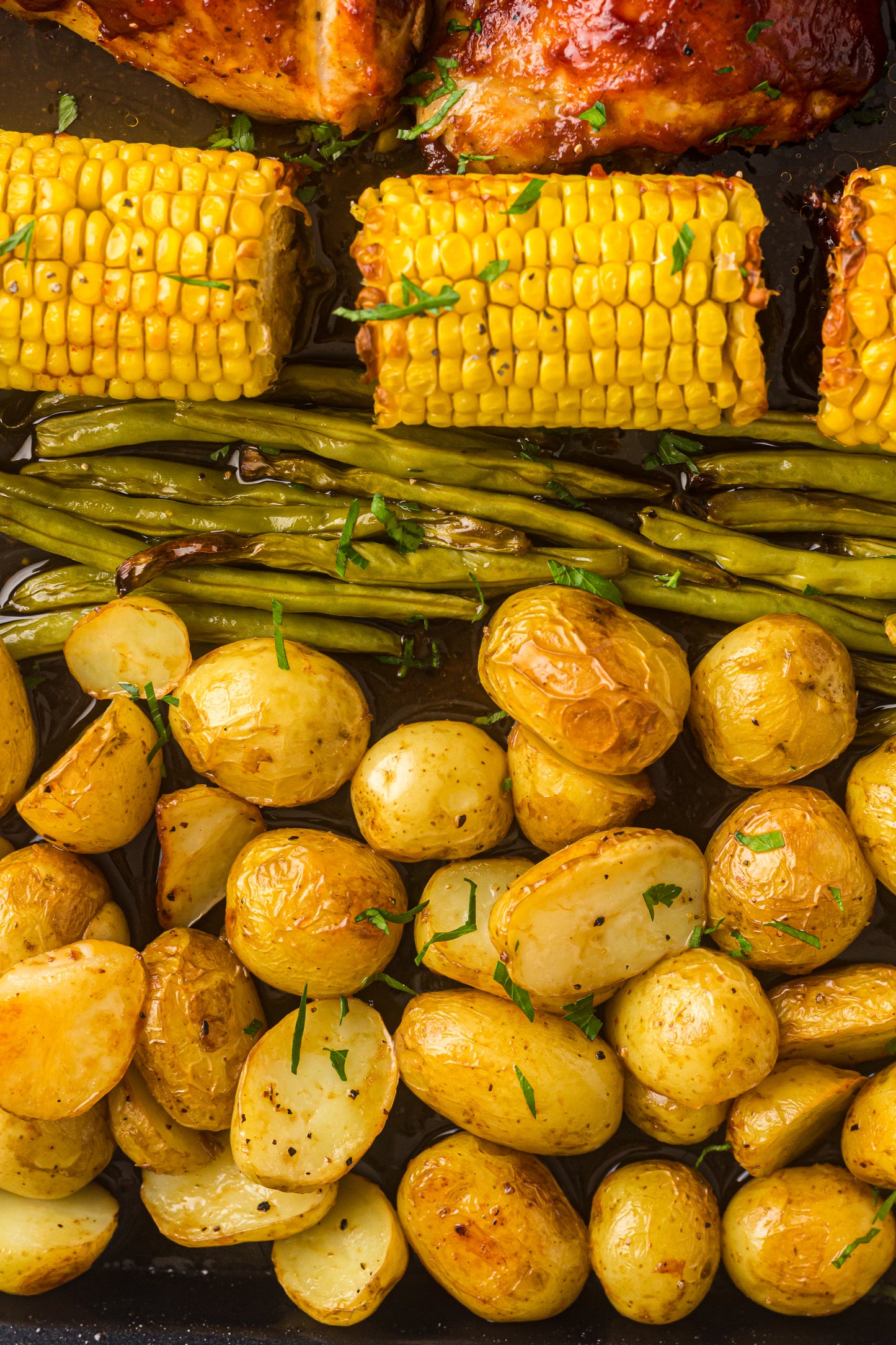 PLR Sheet Pan BBQ Chicken Thighs with Baby Potatoes, Green Beans and Corn
