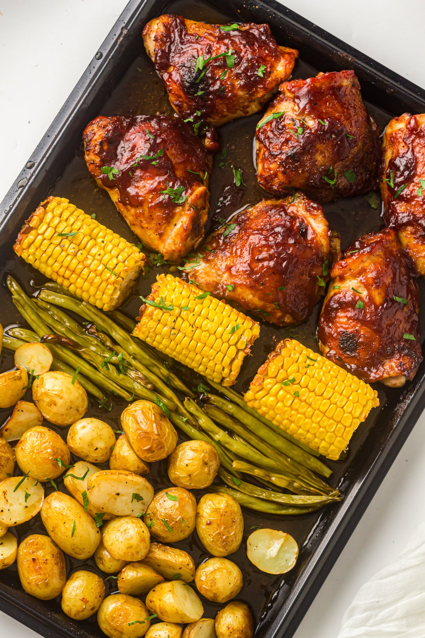 PLR Sheet Pan BBQ Chicken Thighs with Baby Potatoes, Green Beans and Corn