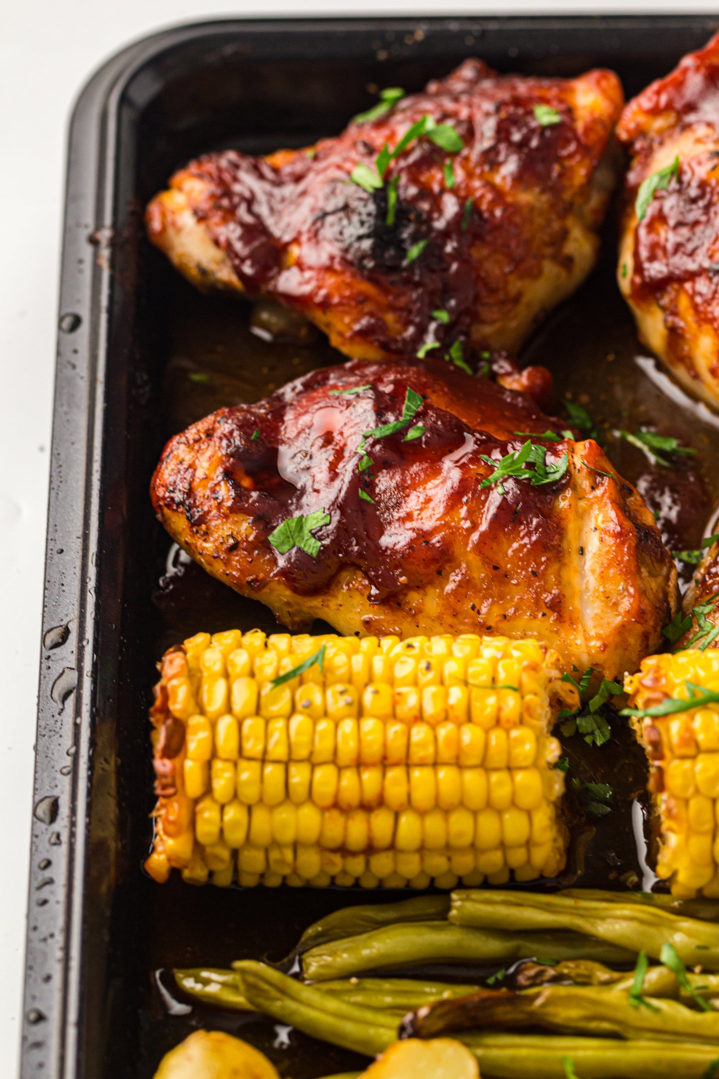 PLR Sheet Pan BBQ Chicken Thighs with Baby Potatoes, Green Beans and Corn