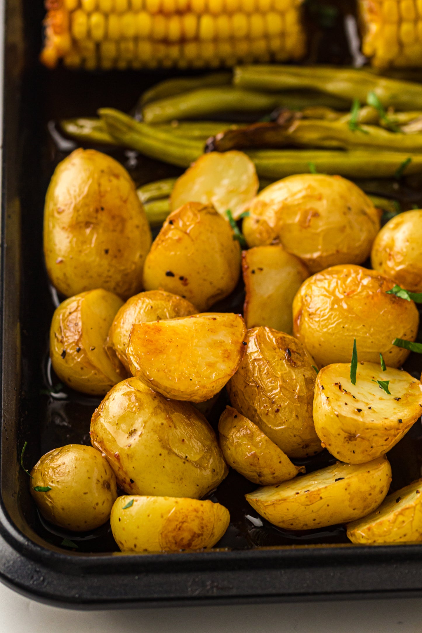 PLR Sheet Pan BBQ Chicken Thighs with Baby Potatoes, Green Beans and Corn