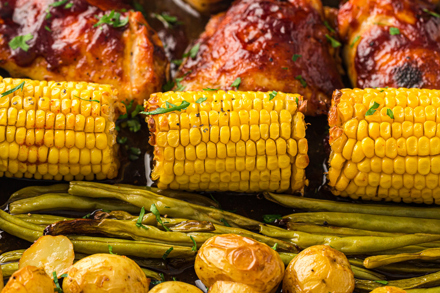 PLR Sheet Pan BBQ Chicken Thighs with Baby Potatoes, Green Beans and Corn