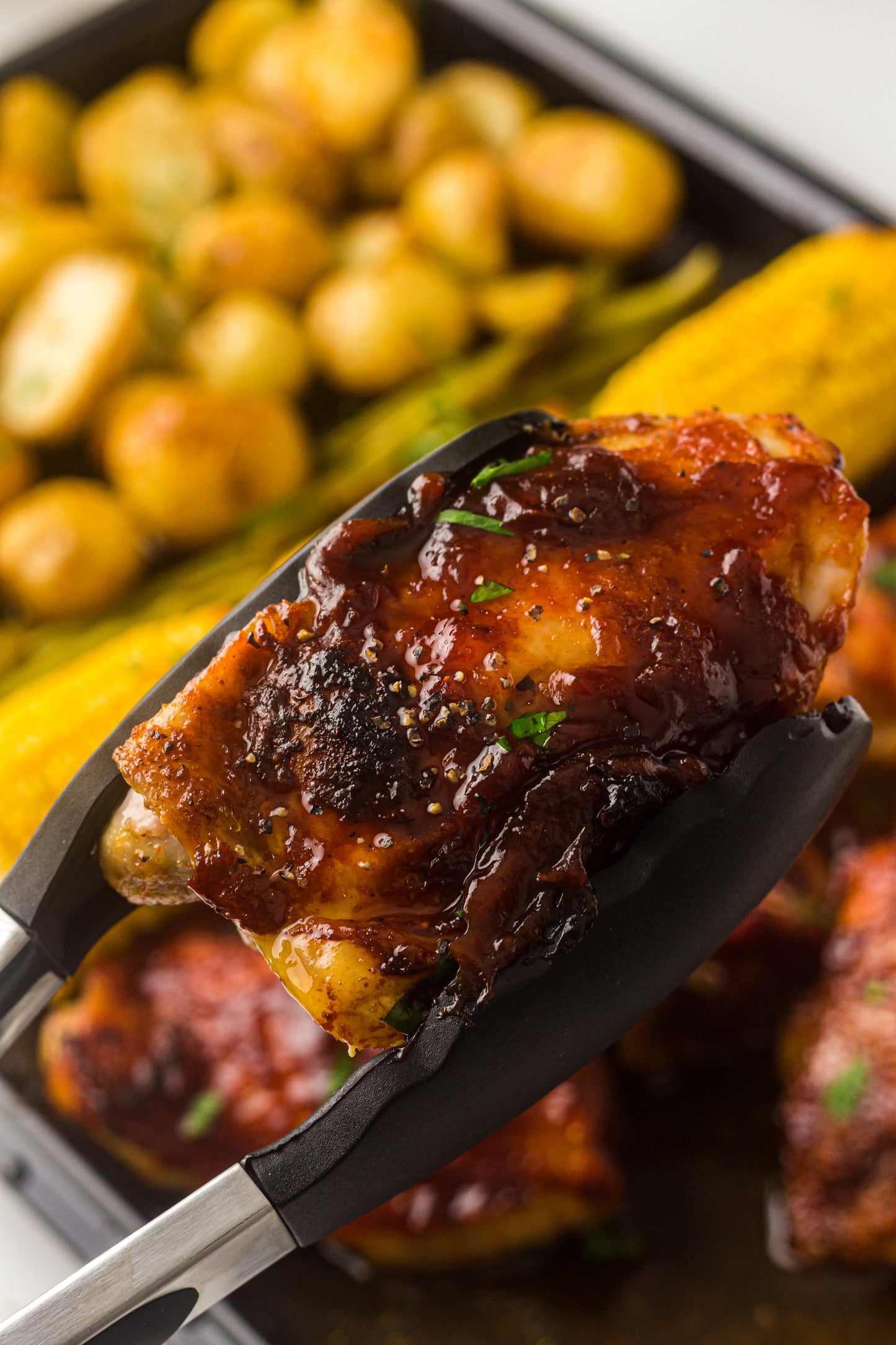 PLR Sheet Pan BBQ Chicken Thighs with Baby Potatoes, Green Beans and Corn