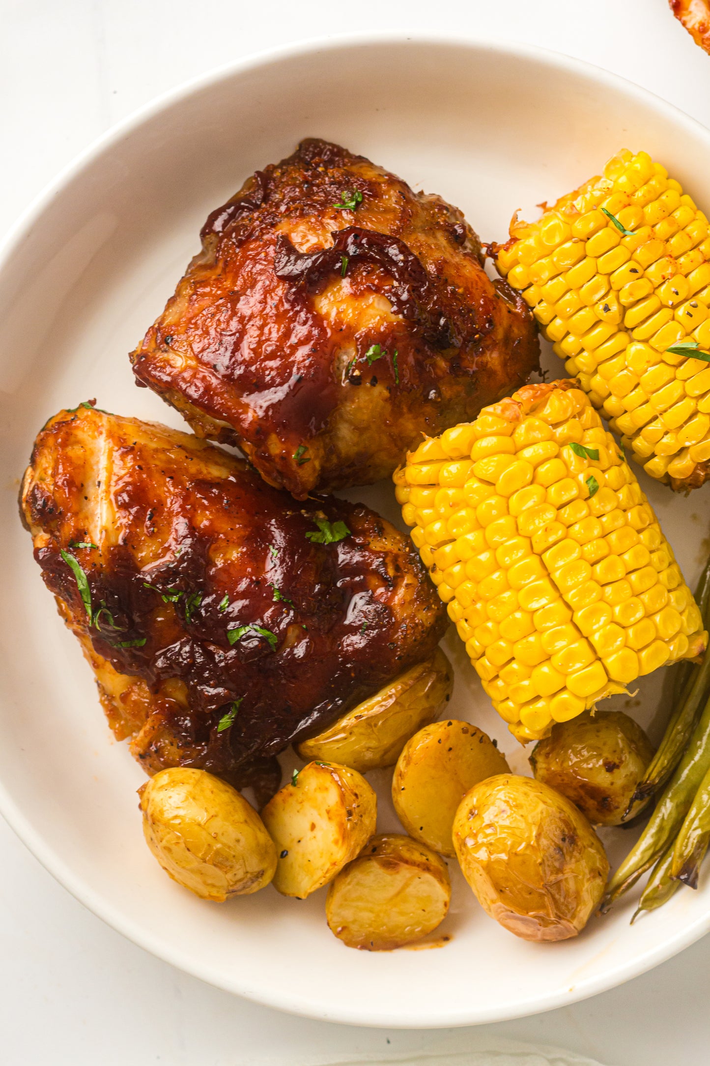 PLR Sheet Pan BBQ Chicken Thighs with Baby Potatoes, Green Beans and Corn
