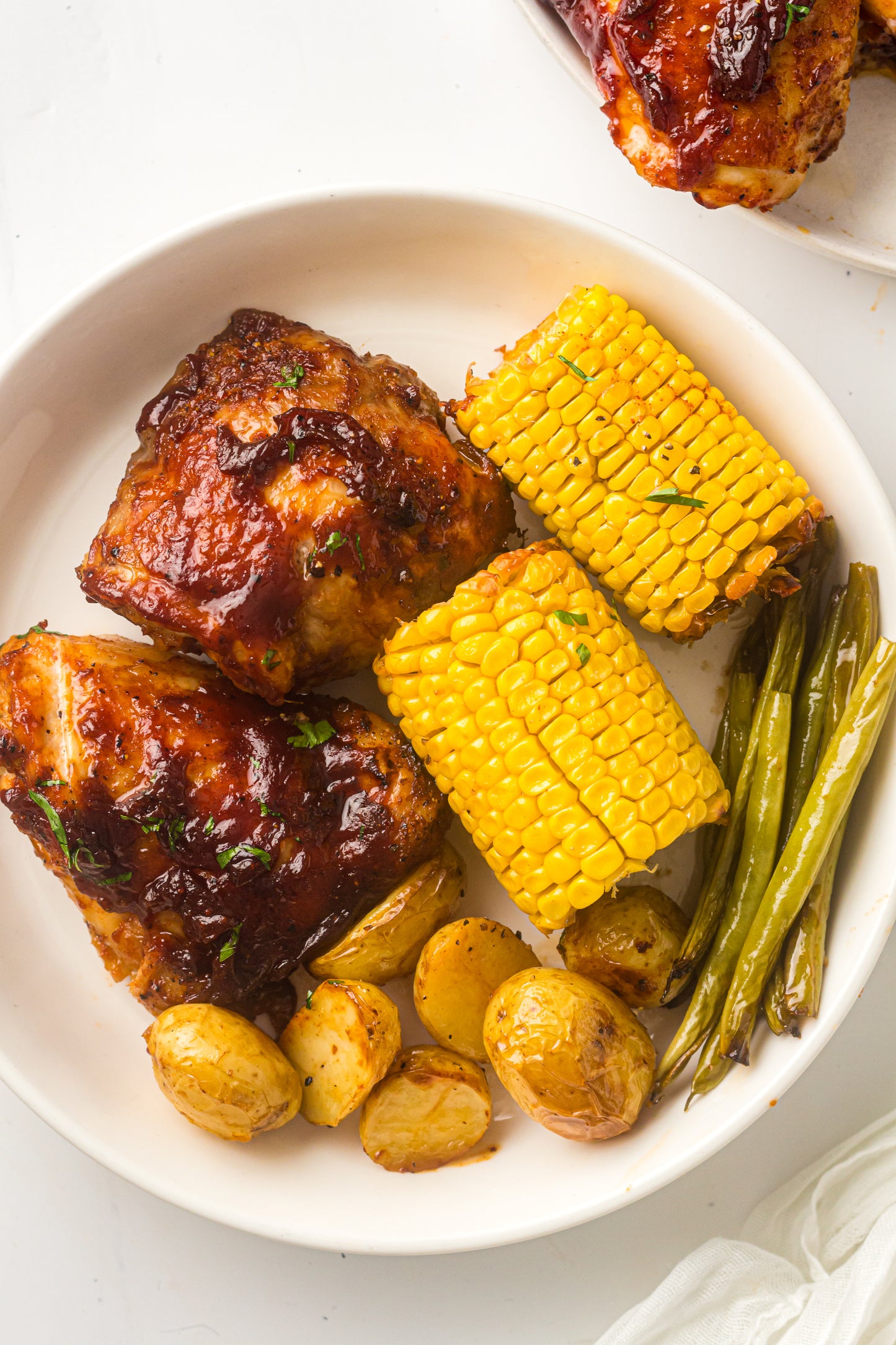PLR Sheet Pan BBQ Chicken Thighs with Baby Potatoes, Green Beans and Corn
