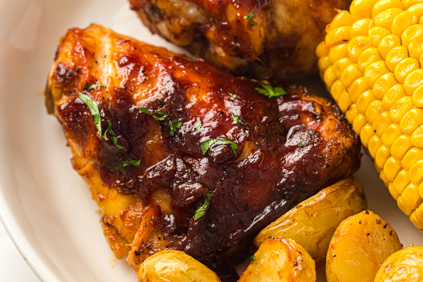 PLR Sheet Pan BBQ Chicken Thighs with Baby Potatoes, Green Beans and Corn