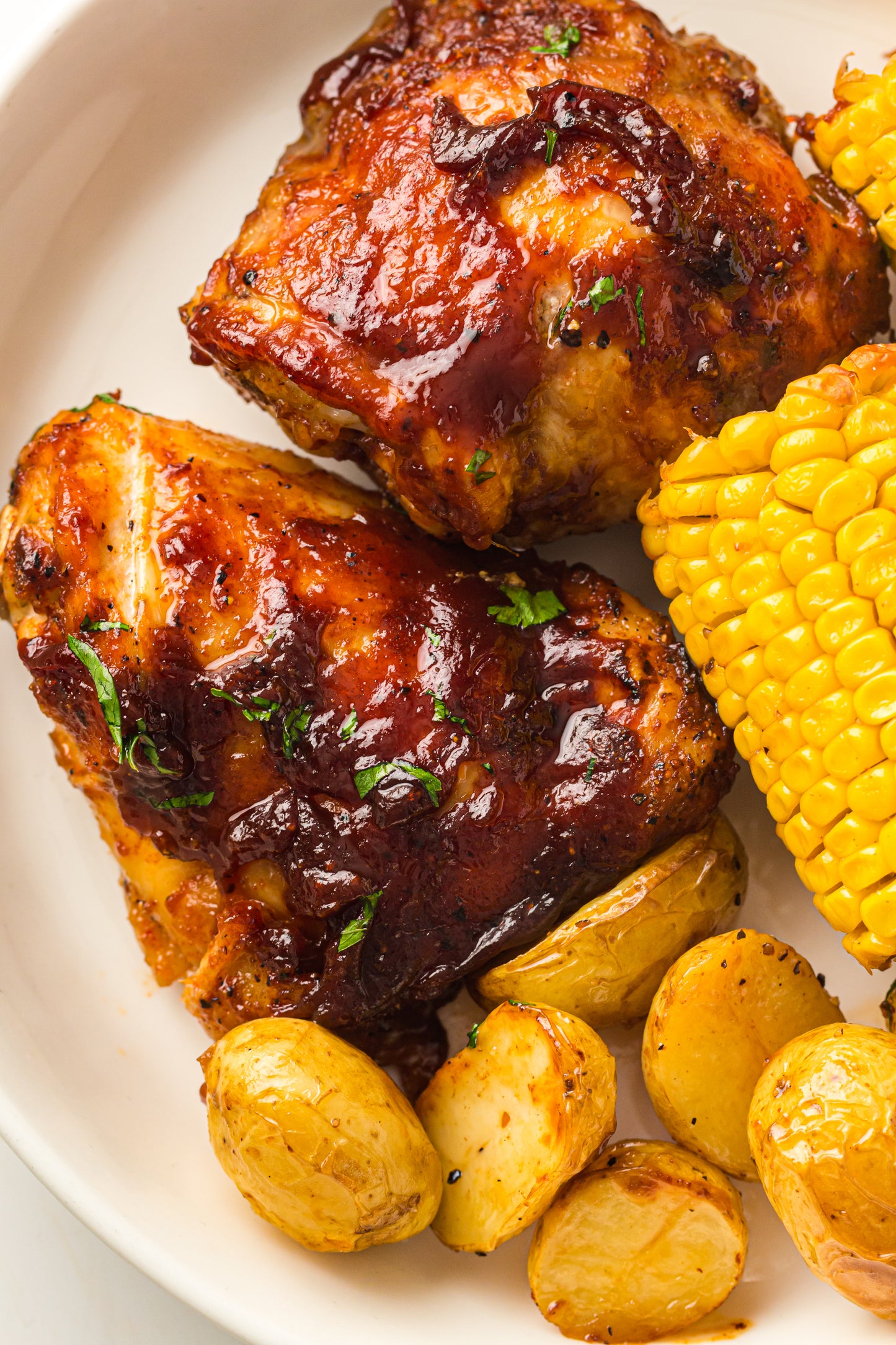 PLR Sheet Pan BBQ Chicken Thighs with Baby Potatoes, Green Beans and Corn