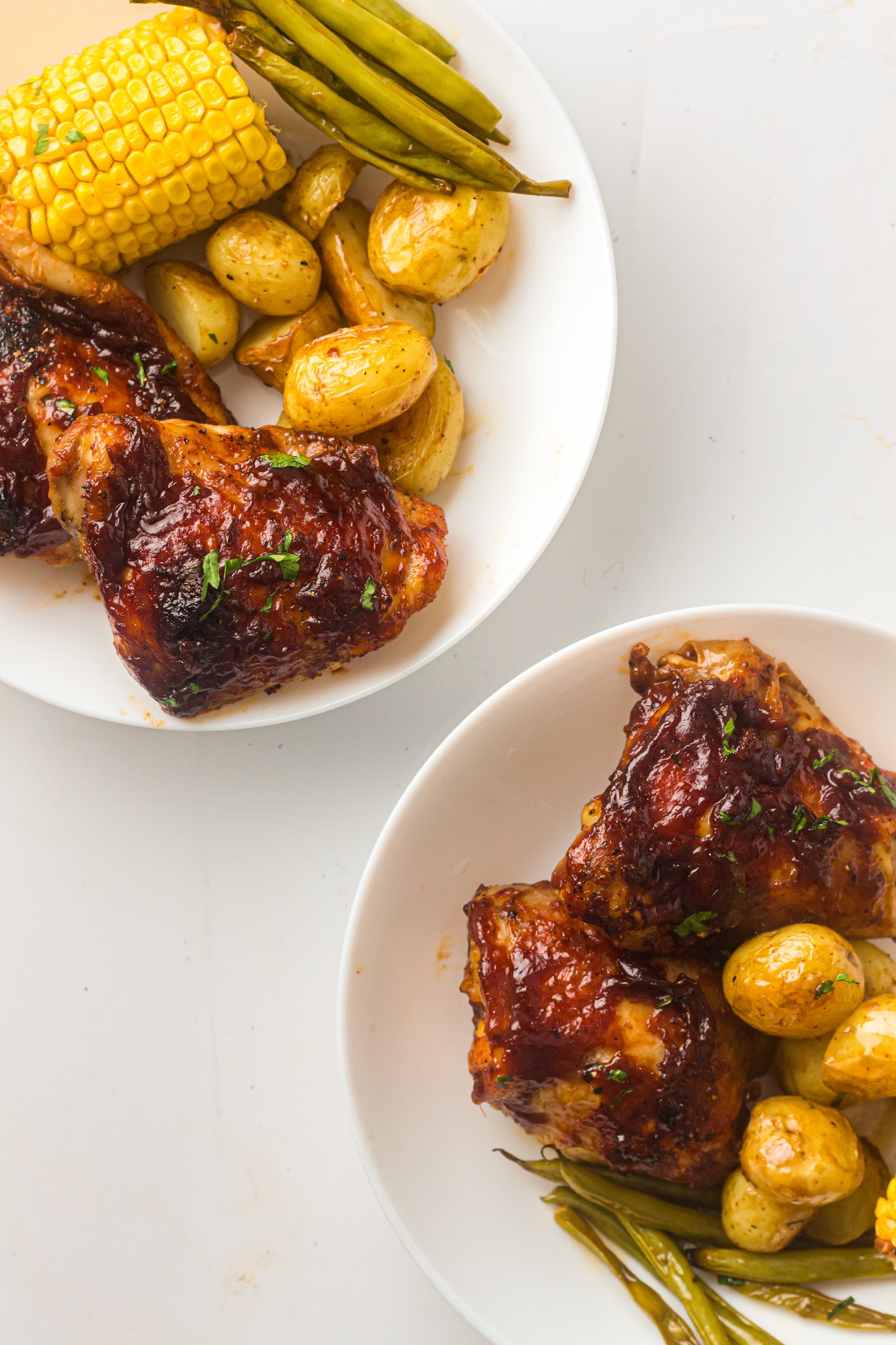 PLR Sheet Pan BBQ Chicken Thighs with Baby Potatoes, Green Beans and Corn