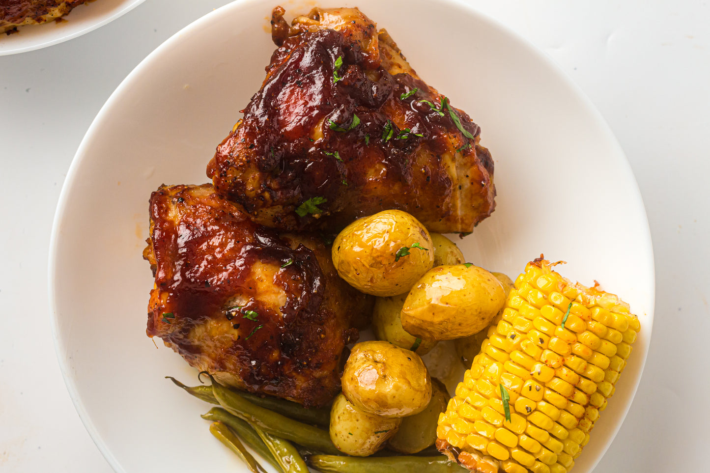 PLR Sheet Pan BBQ Chicken Thighs with Baby Potatoes, Green Beans and Corn