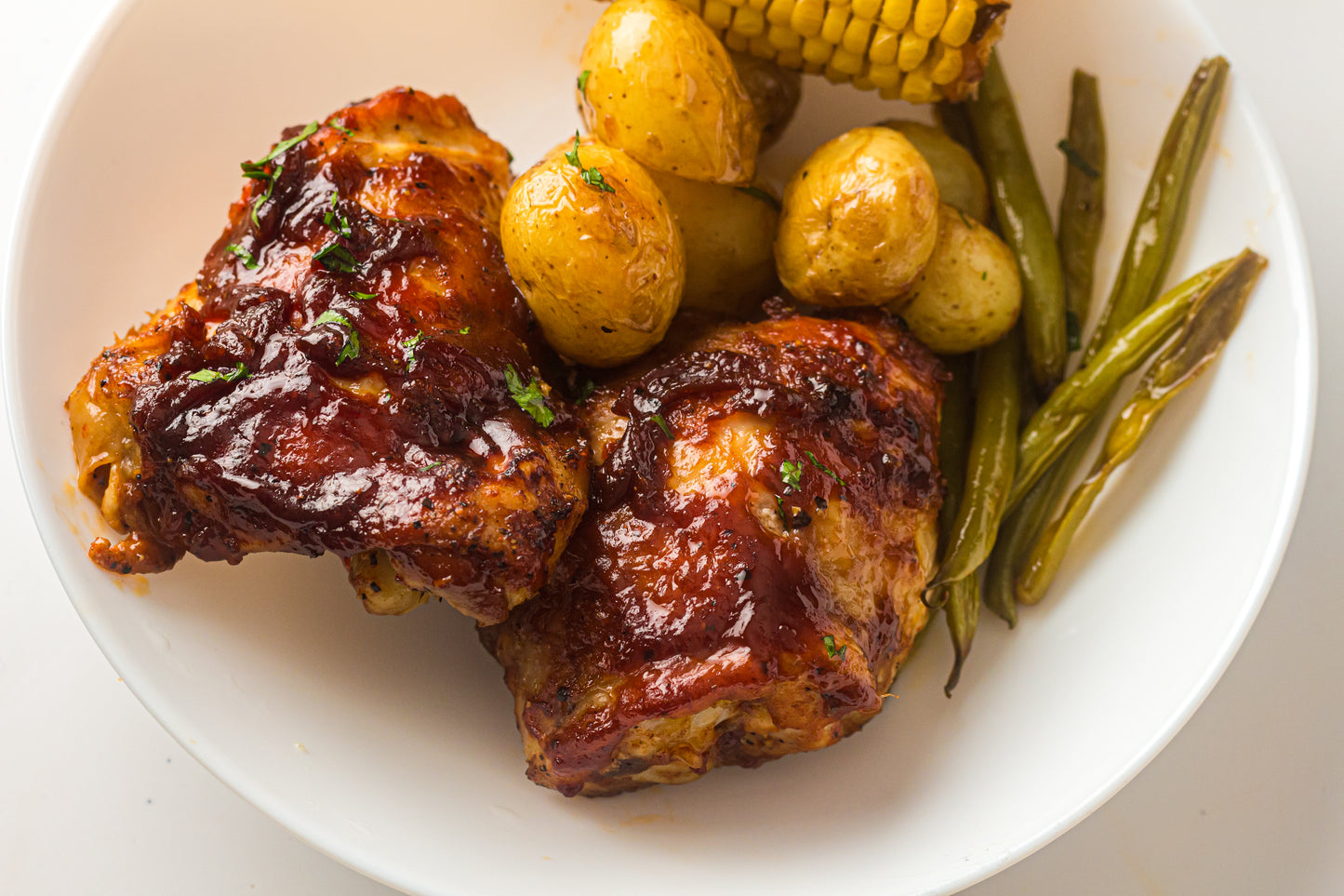 PLR Sheet Pan BBQ Chicken Thighs with Baby Potatoes, Green Beans and Corn