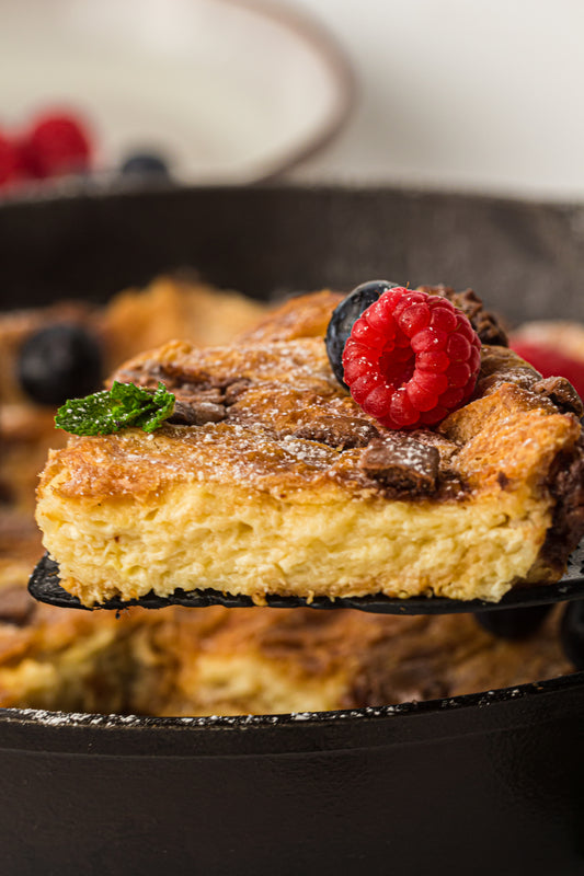 Skillet Croissant Bread Pudding with Espresso Cream and Chocolate Chunks