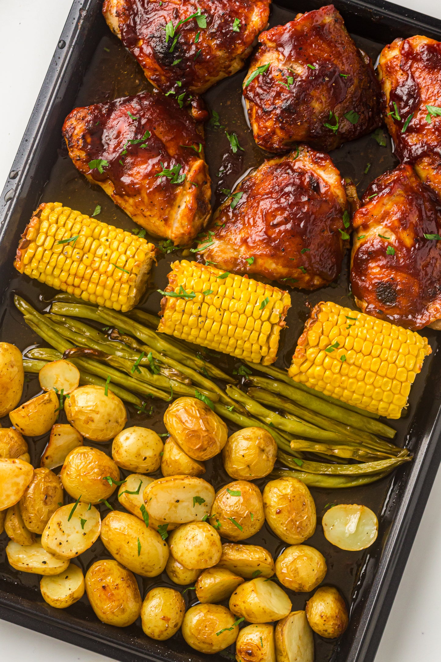 PLR Sheet Pan BBQ Chicken Thighs with Baby Potatoes, Green Beans and Corn