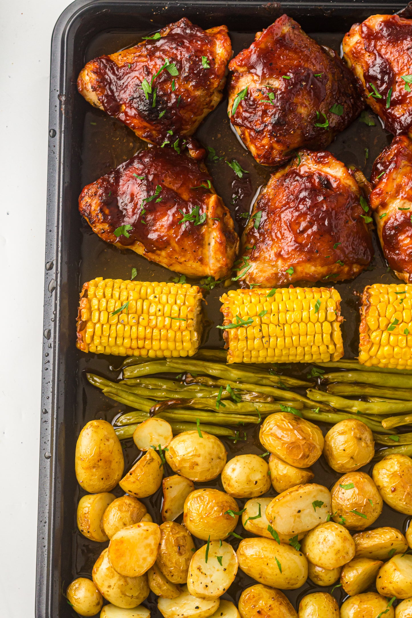 PLR Sheet Pan BBQ Chicken Thighs with Baby Potatoes, Green Beans and Corn