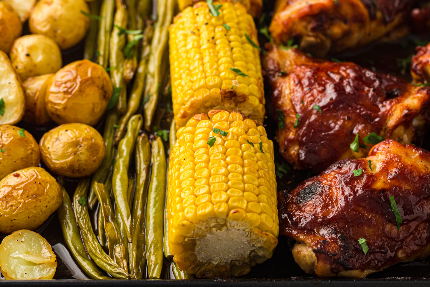 PLR Sheet Pan BBQ Chicken Thighs with Baby Potatoes, Green Beans and Corn