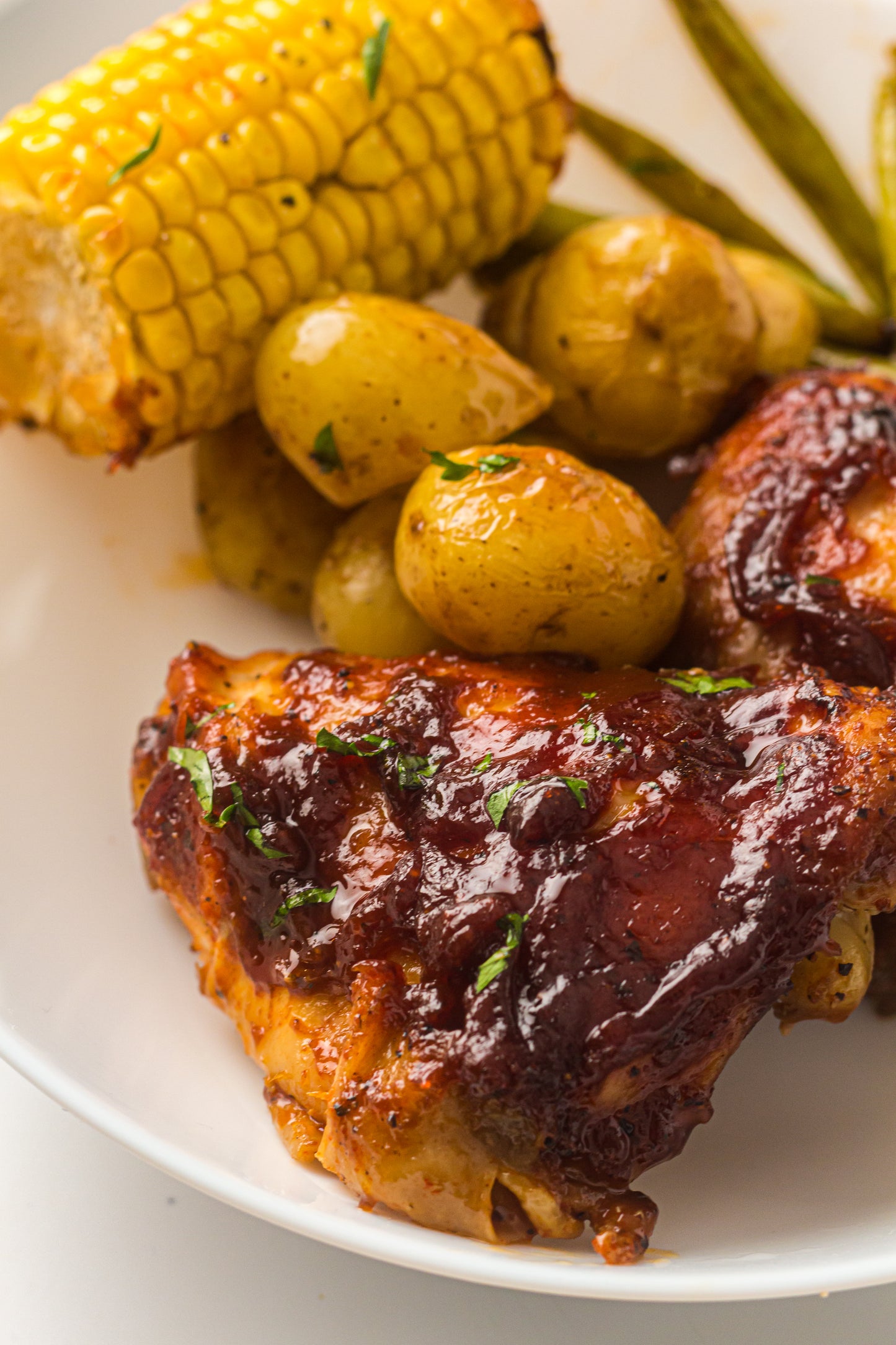 PLR Sheet Pan BBQ Chicken Thighs with Baby Potatoes, Green Beans and Corn