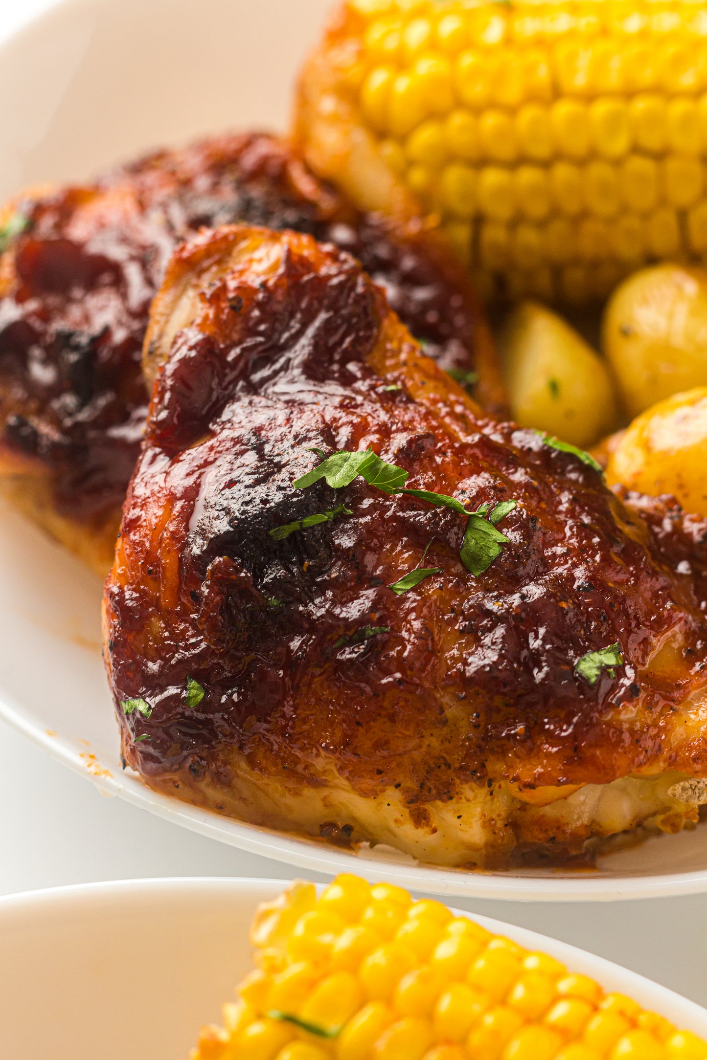 PLR Sheet Pan BBQ Chicken Thighs with Baby Potatoes, Green Beans and Corn