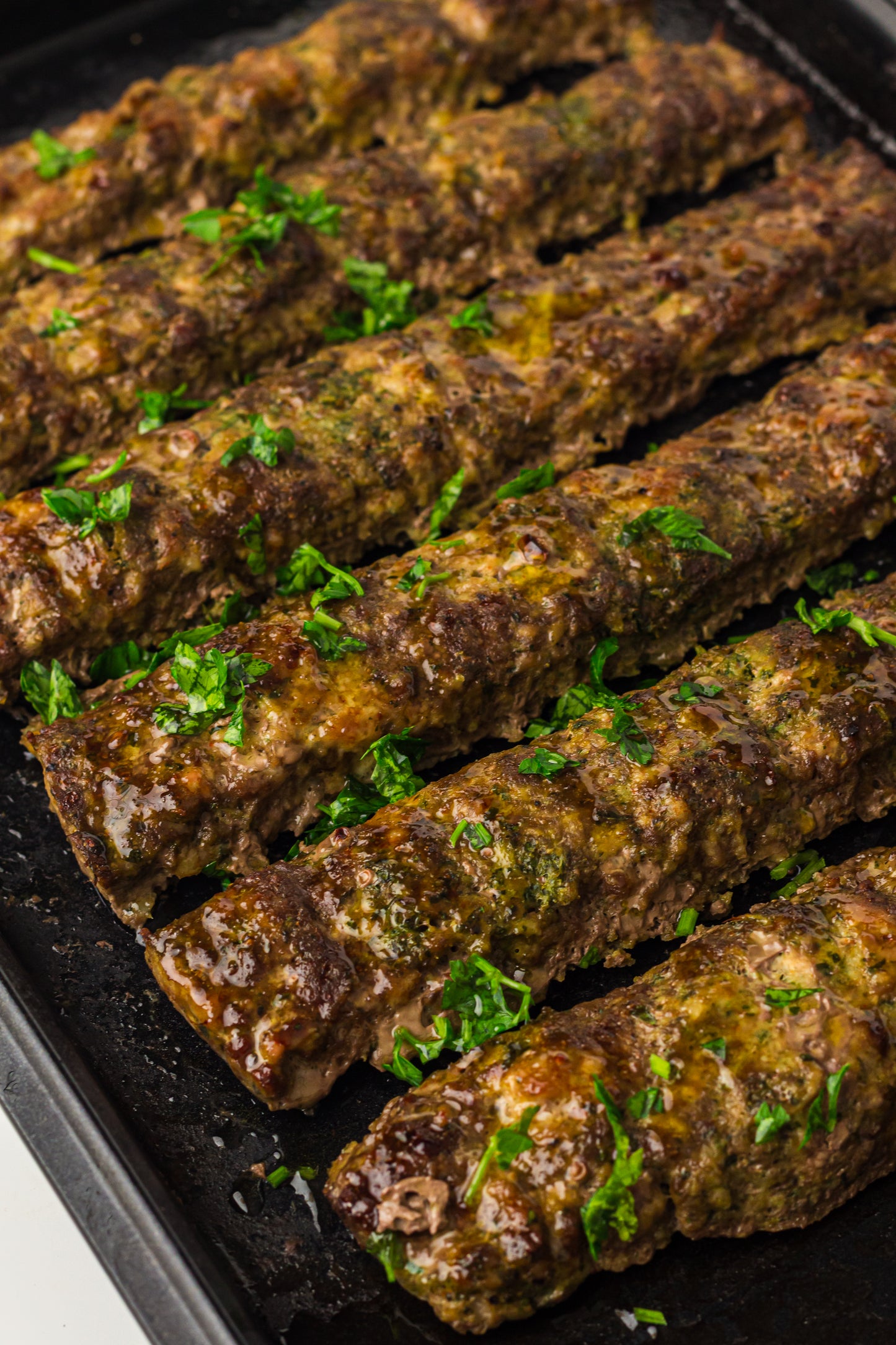 Sheet Pan Koftas with Tahini Dressing & Sumac Tomato-Cucumber Salad