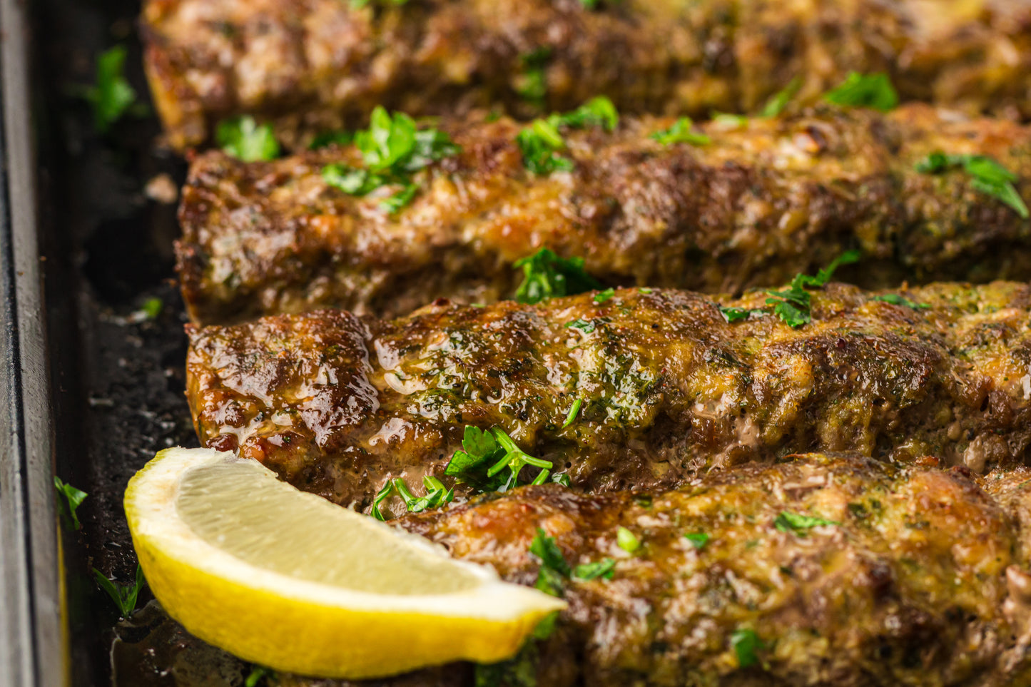 Sheet Pan Koftas with Tahini Dressing & Sumac Tomato-Cucumber Salad