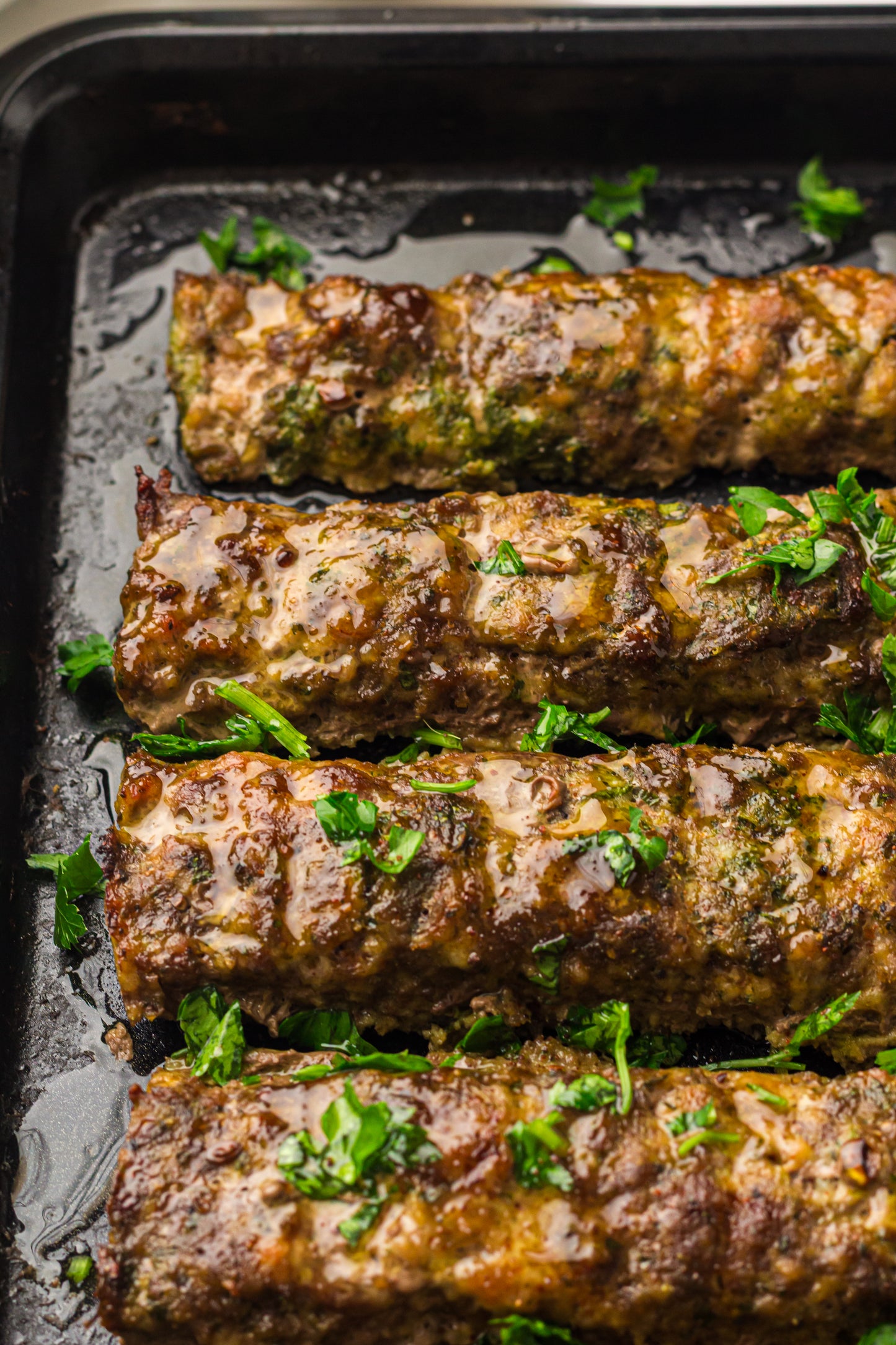 Sheet Pan Koftas with Tahini Dressing & Sumac Tomato-Cucumber Salad