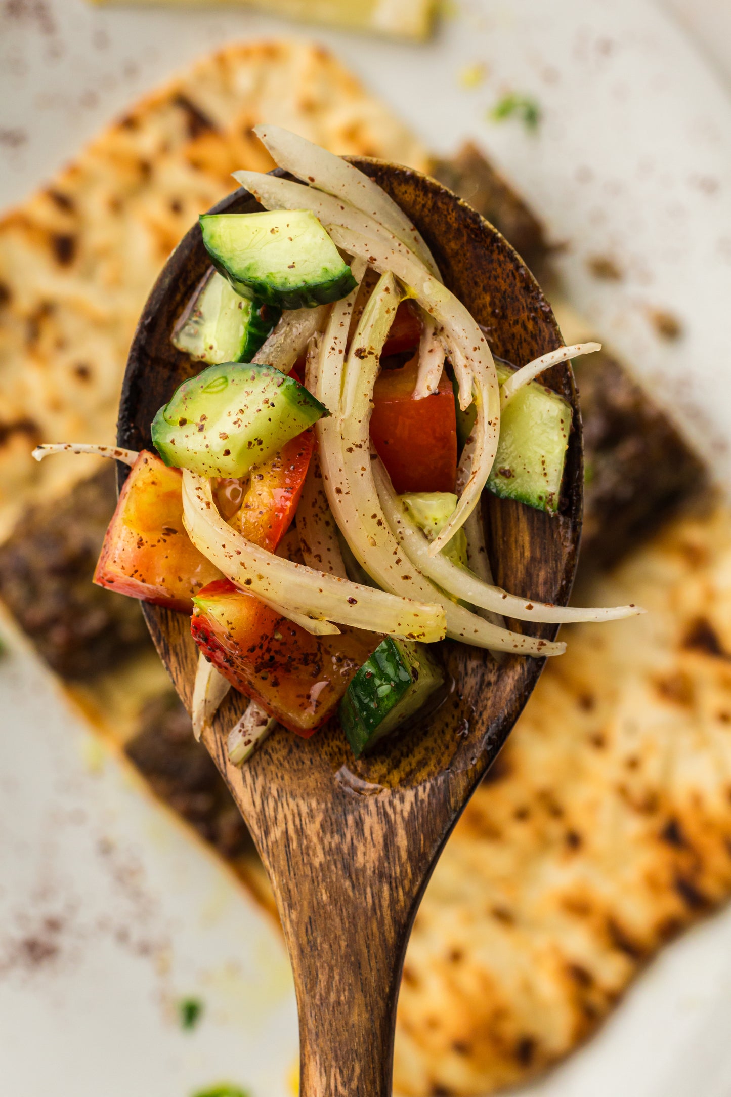 Sheet Pan Koftas with Tahini Dressing & Sumac Tomato-Cucumber Salad
