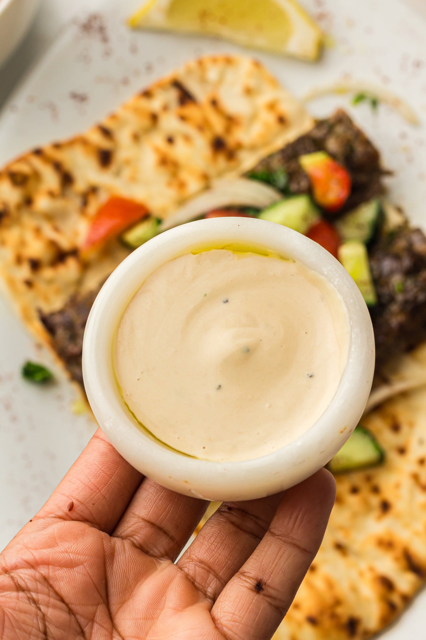 Sheet Pan Koftas with Tahini Dressing & Sumac Tomato-Cucumber Salad