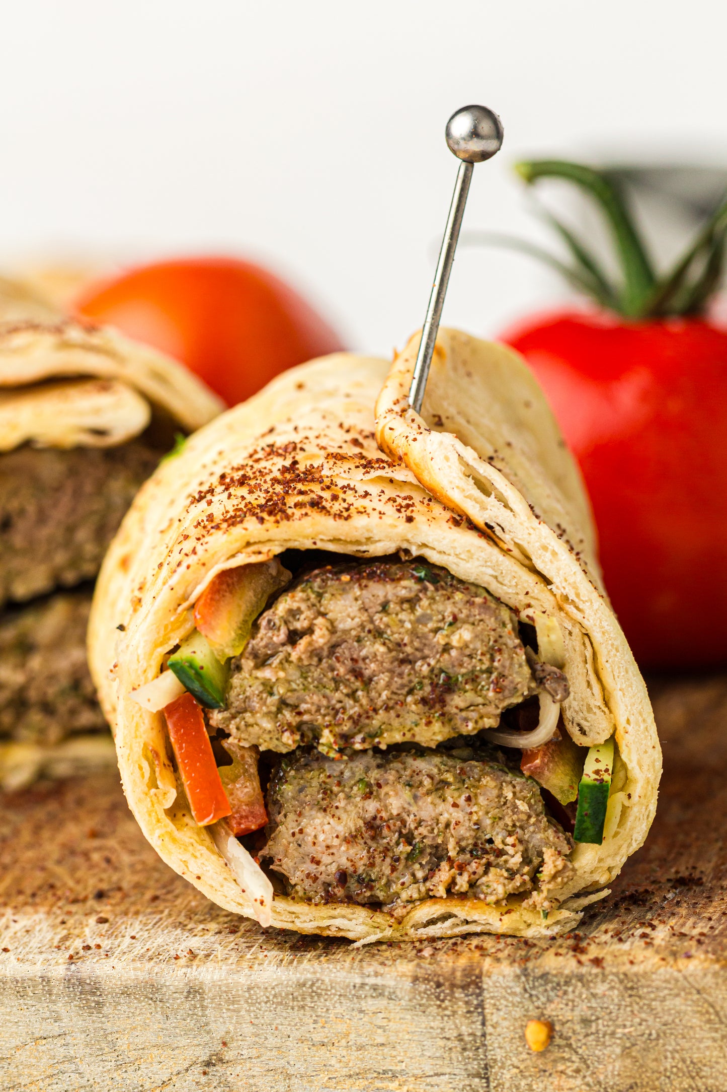 Sheet Pan Koftas with Tahini Dressing & Sumac Tomato-Cucumber Salad