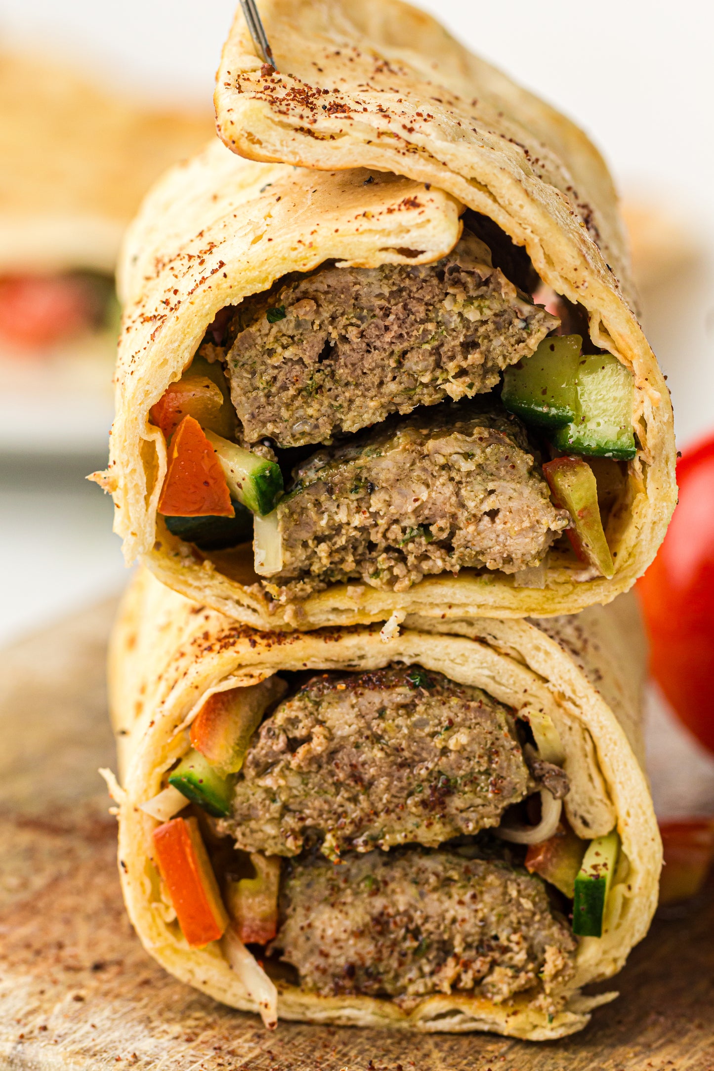 Sheet Pan Koftas with Tahini Dressing & Sumac Tomato-Cucumber Salad